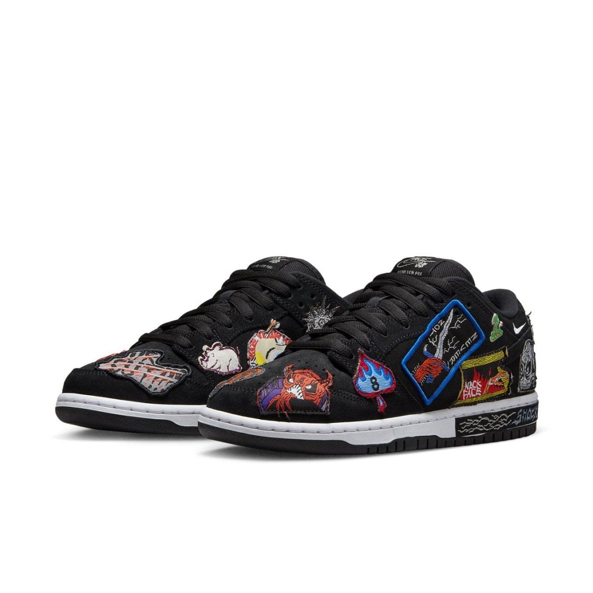 Nike SB Dunk Low Pro QS Neckface with unique patches on black suede, featuring mini Swoosh details.