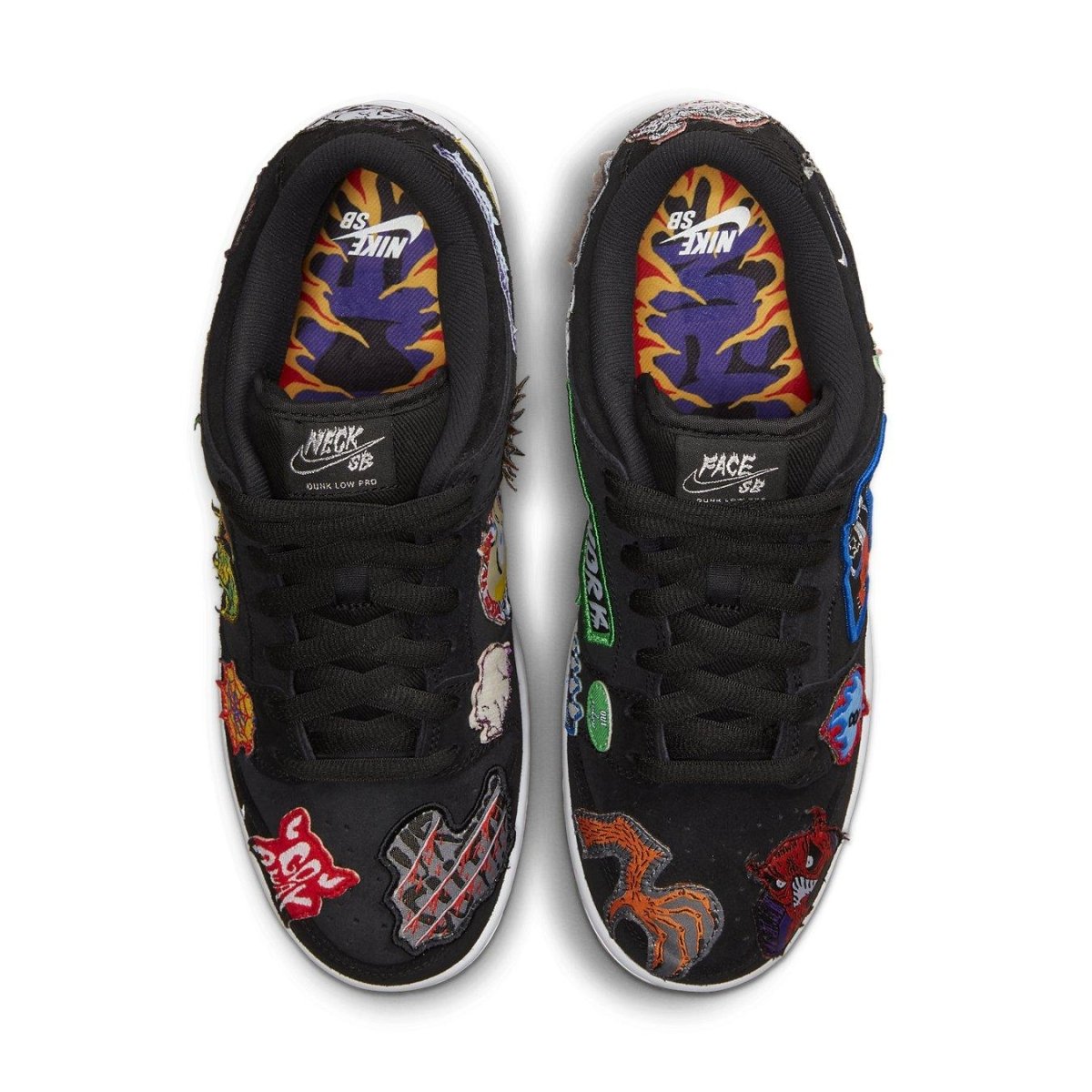 Nike SB Dunk Low Pro QS Neckface with unique macabre patches on black suede uppers.