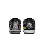 Nike SB Dunk Low Pro QS Neckface with unique graffitied patches on black suede upper.