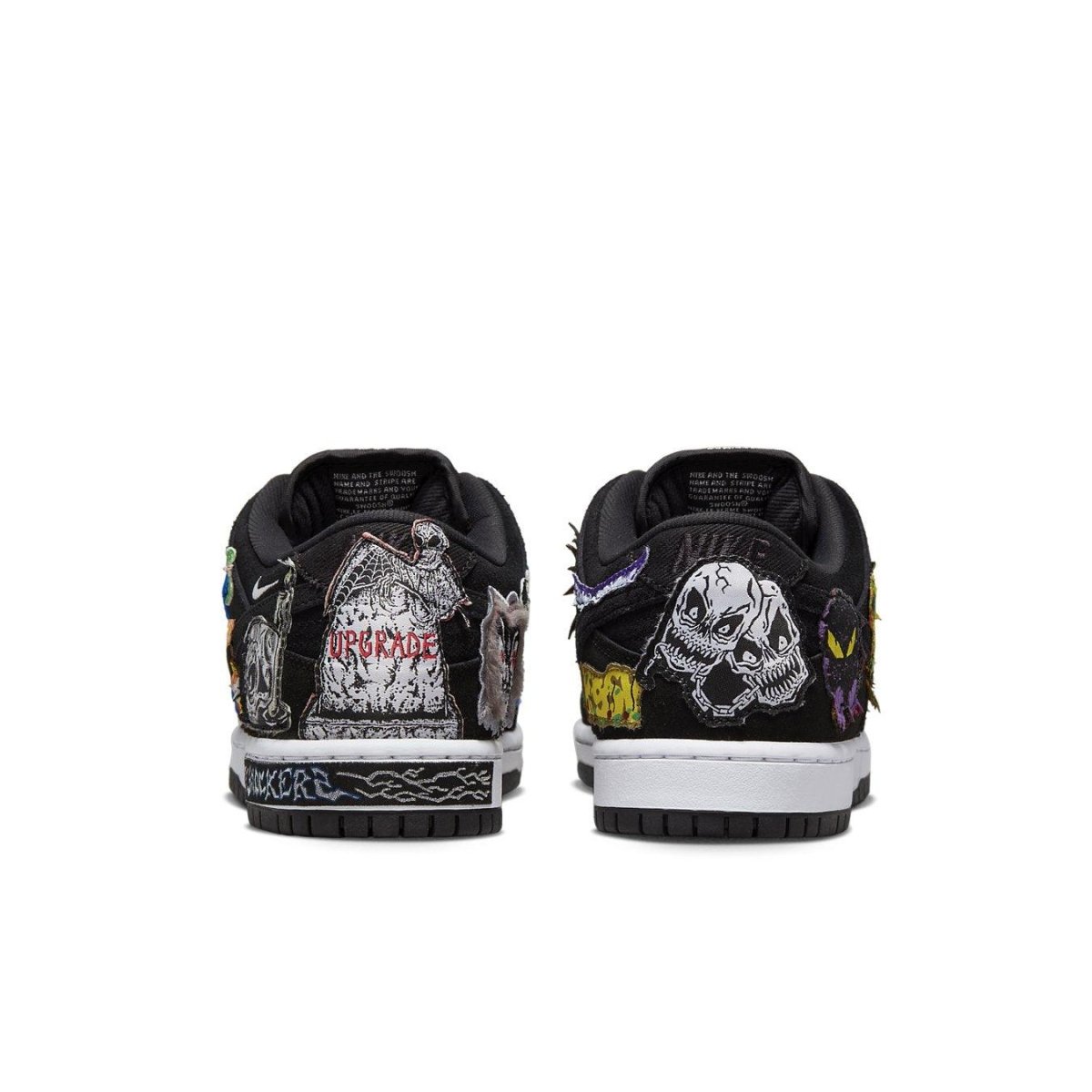 Nike SB Dunk Low Pro QS Neckface with unique graffitied patches on black suede upper.
