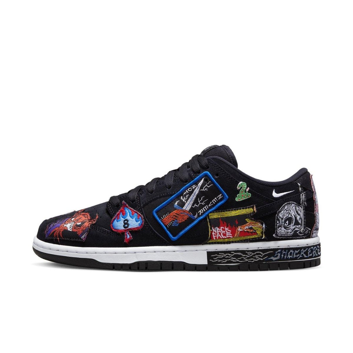 Nike SB Dunk Low Pro QS Neckface with graffiti patches on black suede upper.