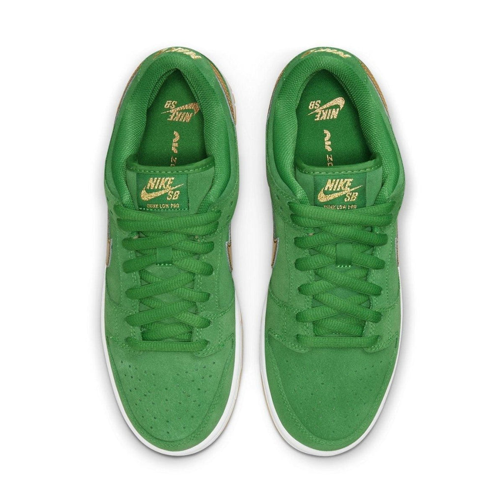 Nike SB Dunk Low Pro St. Patrick's Day 2022 in vibrant green with gold accents and detailed lacing.