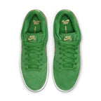 Nike SB Dunk Low Pro St. Patrick's Day 2022 in vibrant green with gold accents and detailed lacing.