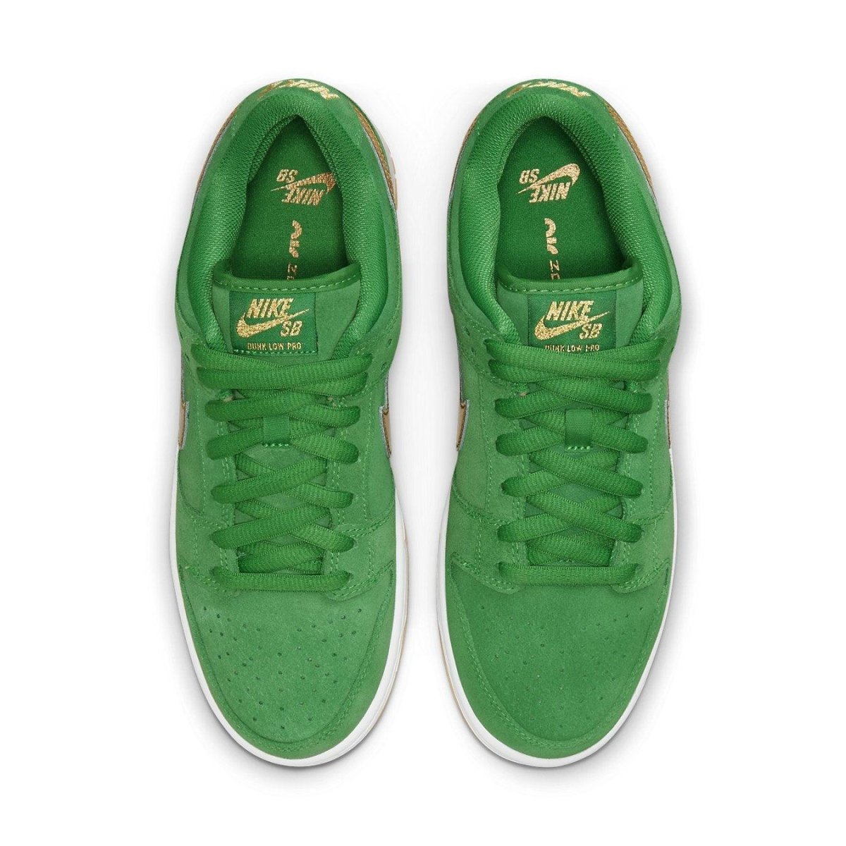 Nike SB Dunk Low Pro St. Patrick's Day 2022 in vibrant green with gold accents and detailed lacing.