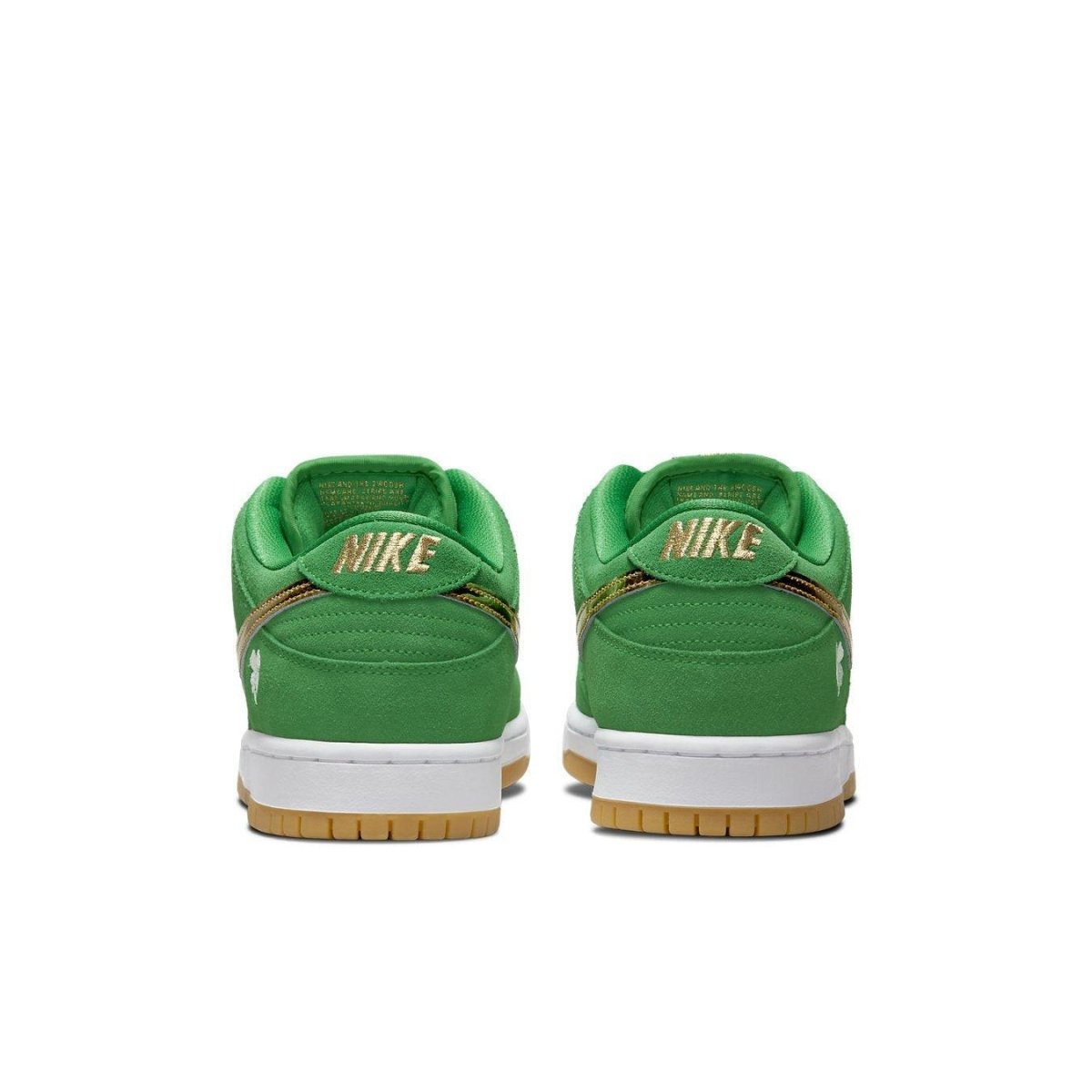 Nike SB Dunk Low Pro St. Patrick's Day 2022 sneakers, featuring a vibrant green design and gold detailing on the heel.