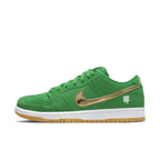 Nike SB Dunk Low Pro St. Patrick's Day 2022 in green with gold accents and shamrock logo, celebrating Irish heritage.