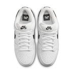 Nike SB Dunk Low Pro in white with black Swoosh, featuring a low-cut design and premium leather.