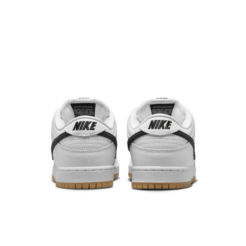 Rear view of Nike SB Dunk Low Pro White Gum showing white leather and black Nike branding.
