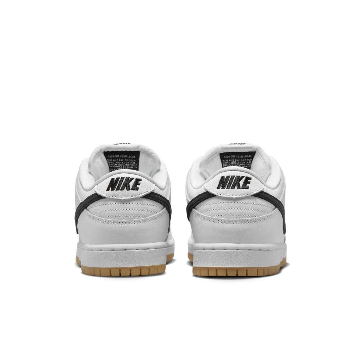 Rear view of Nike SB Dunk Low Pro White Gum showing white leather and black Nike branding.