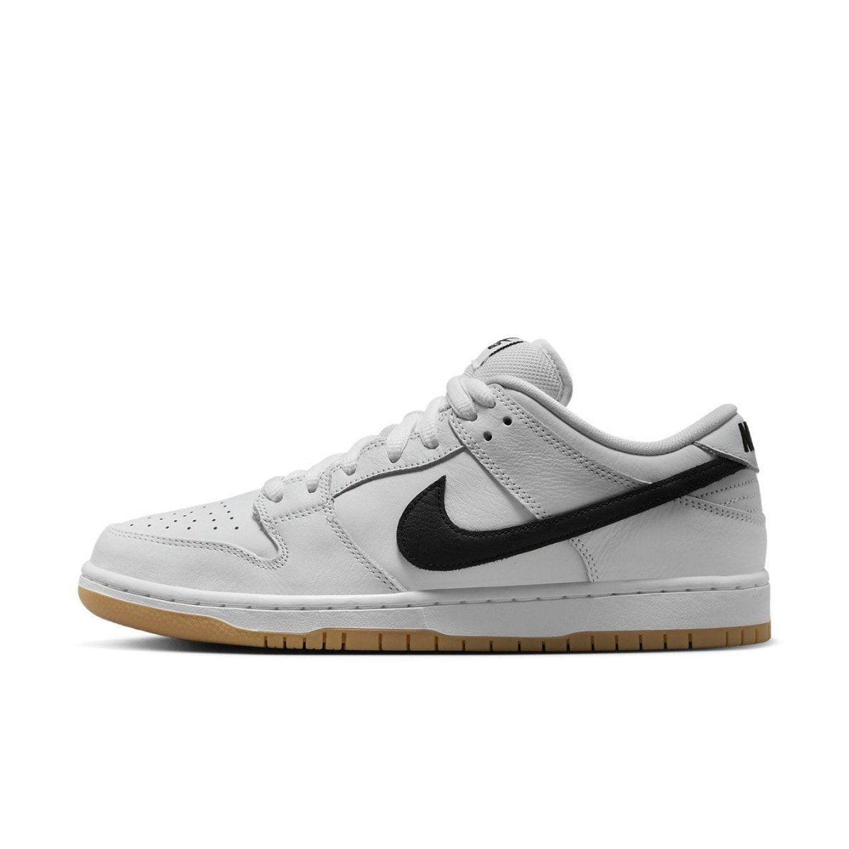 Nike SB Dunk Low Pro White Gum sneakers featuring white leather and black Swoosh logo, side view.