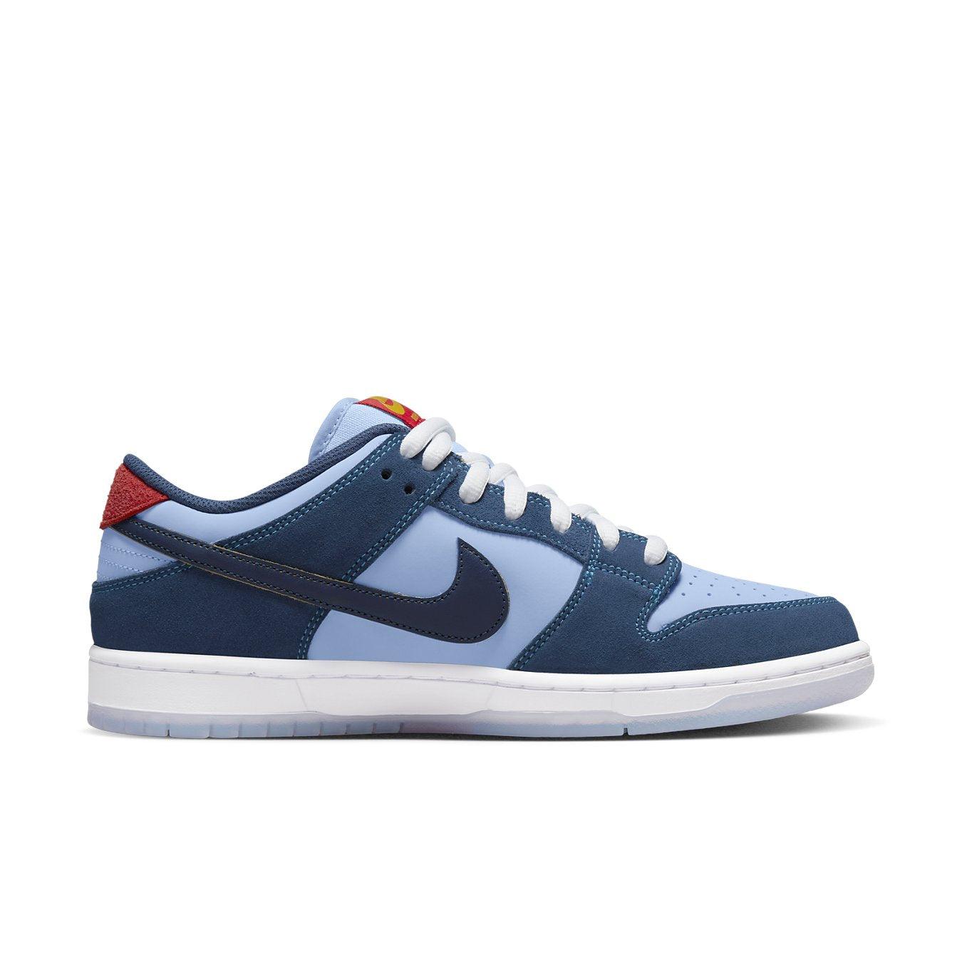 Nike SB Dunk Low Pro Why So Sad? in blue and navy with white sole, showcasing a stylish sneaker design.