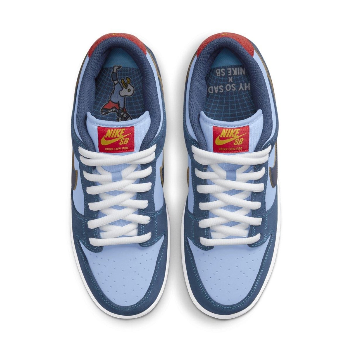 Nike SB Dunk Low Pro 'Why So Sad?' top view featuring blue and red colorway with white laces.