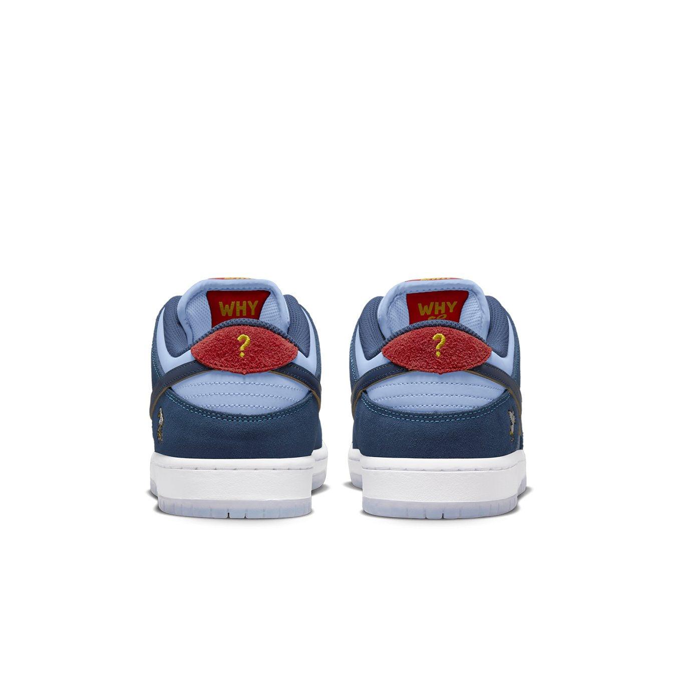 Nike SB Dunk Low Pro Why So Sad? sneaker featuring unique back heel detail in blue and red.