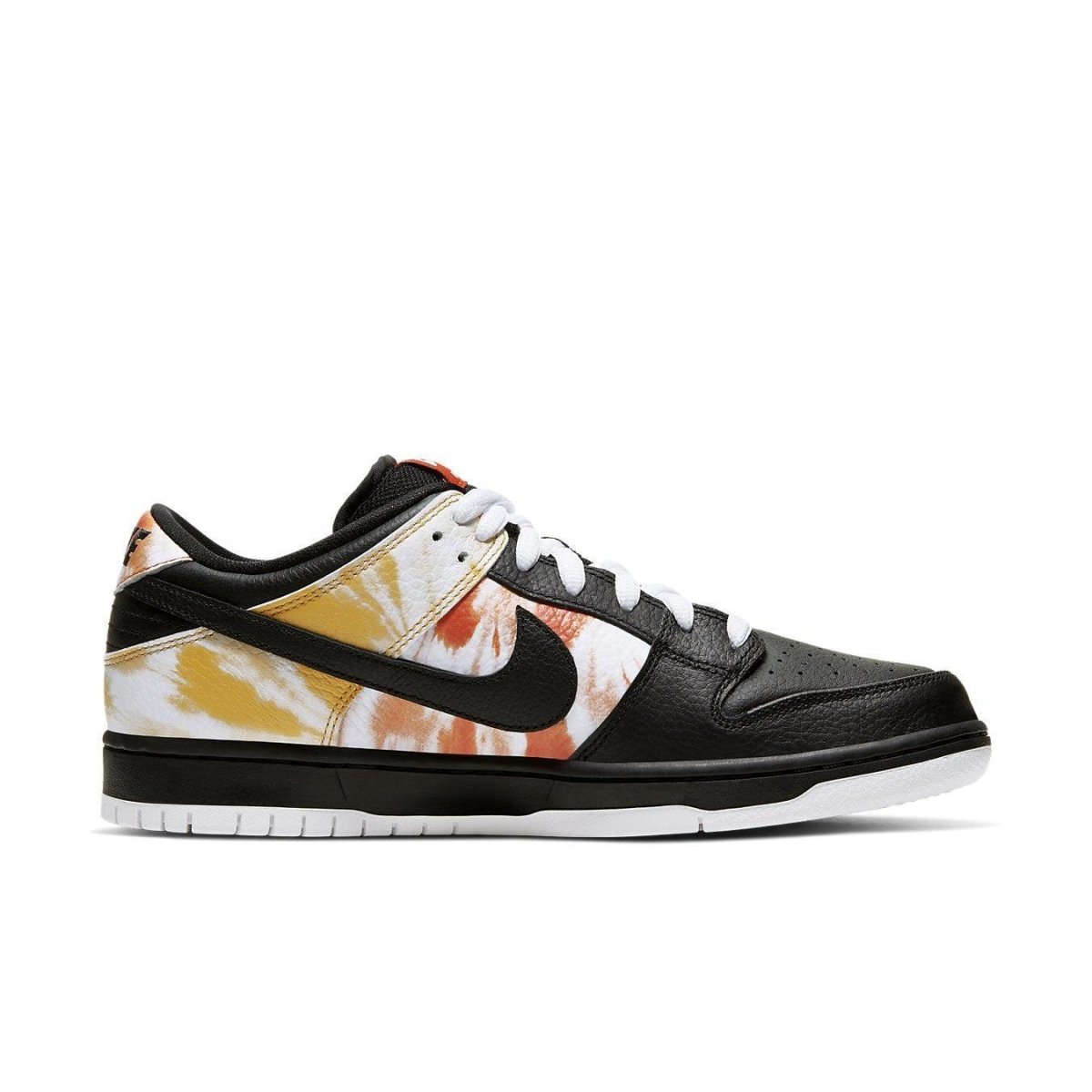Nike SB Dunk Low Raygun Tie-Dye Black sneaker featuring a colorful tie-dye design and black leather accents.