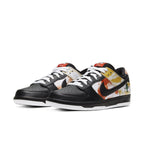 Nike SB Dunk Low Raygun Tie-Dye Black sneakers featuring black leather and colorful tie-dye accents.