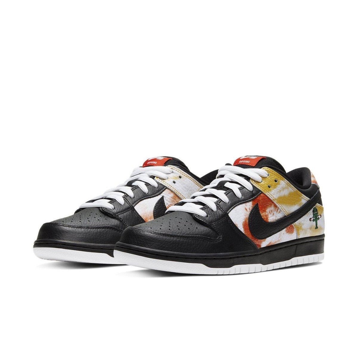 Nike SB Dunk Low Raygun Tie-Dye Black sneakers featuring black leather and colorful tie-dye accents.