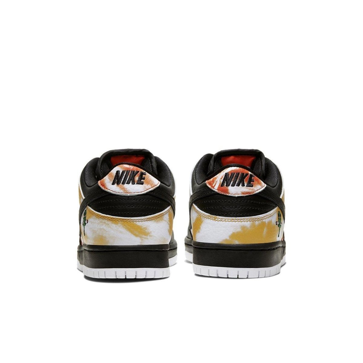 Nike SB Dunk Low Raygun Tie-Dye Black sneaker rear view featuring unique tie-dye design and branding.