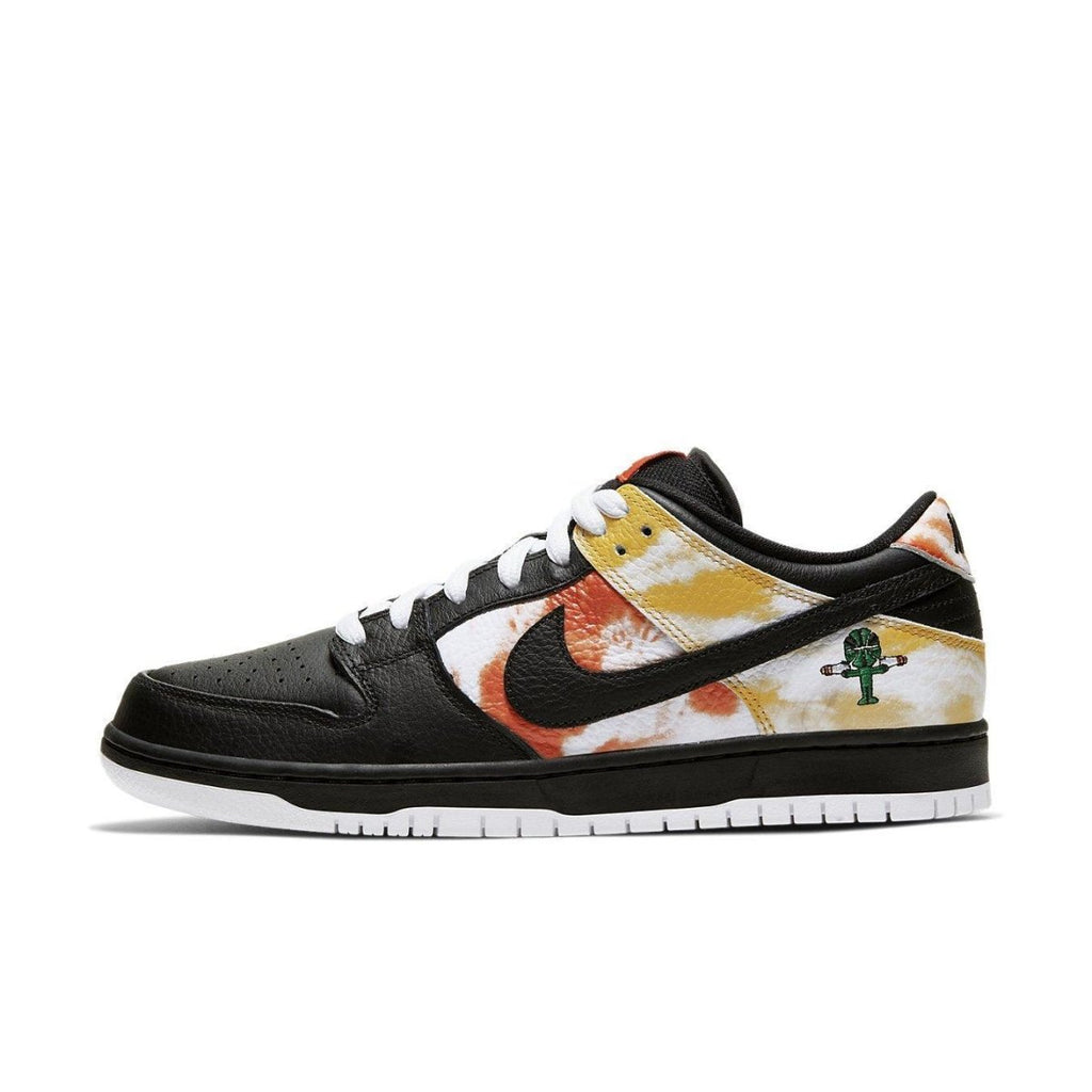 Nike SB Dunk Low Tie-Dye Raygun Black sneaker showcasing a vibrant tie-dye design and classic black leather.