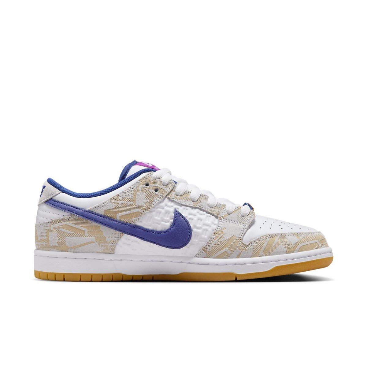 Nike SB Dunk Low Rayssa Leal featuring white leather upper, unique design, asymmetric blue and pink Swooshes.