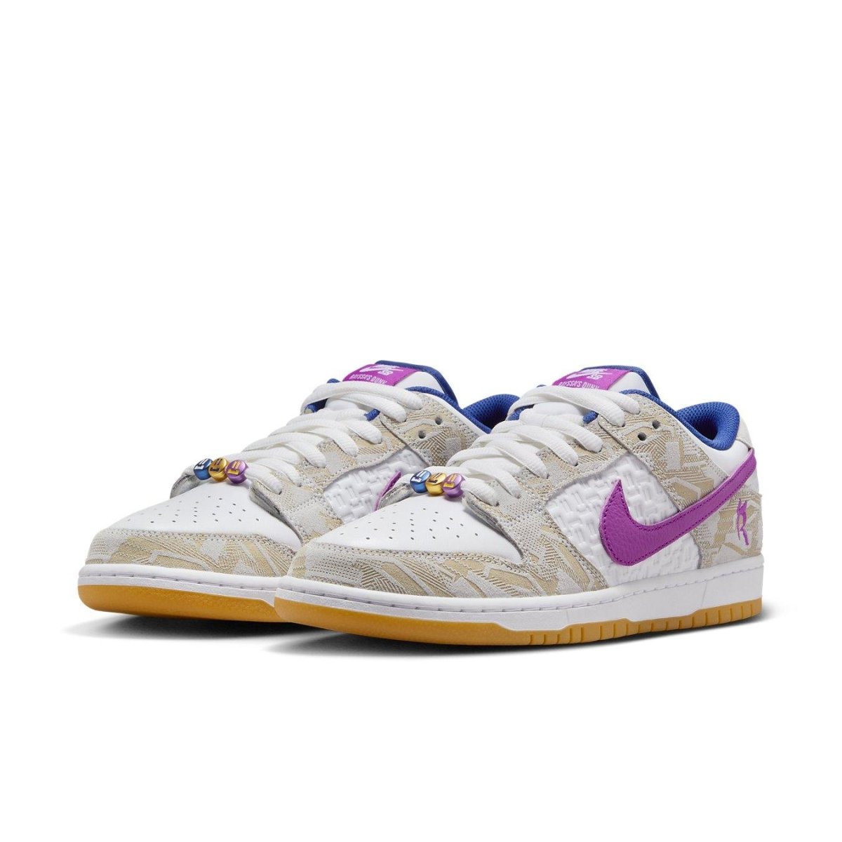 Nike SB Dunk Low Rayssa Leal featuring unique colorway, asymmetric Swooshes, and suede overlays.