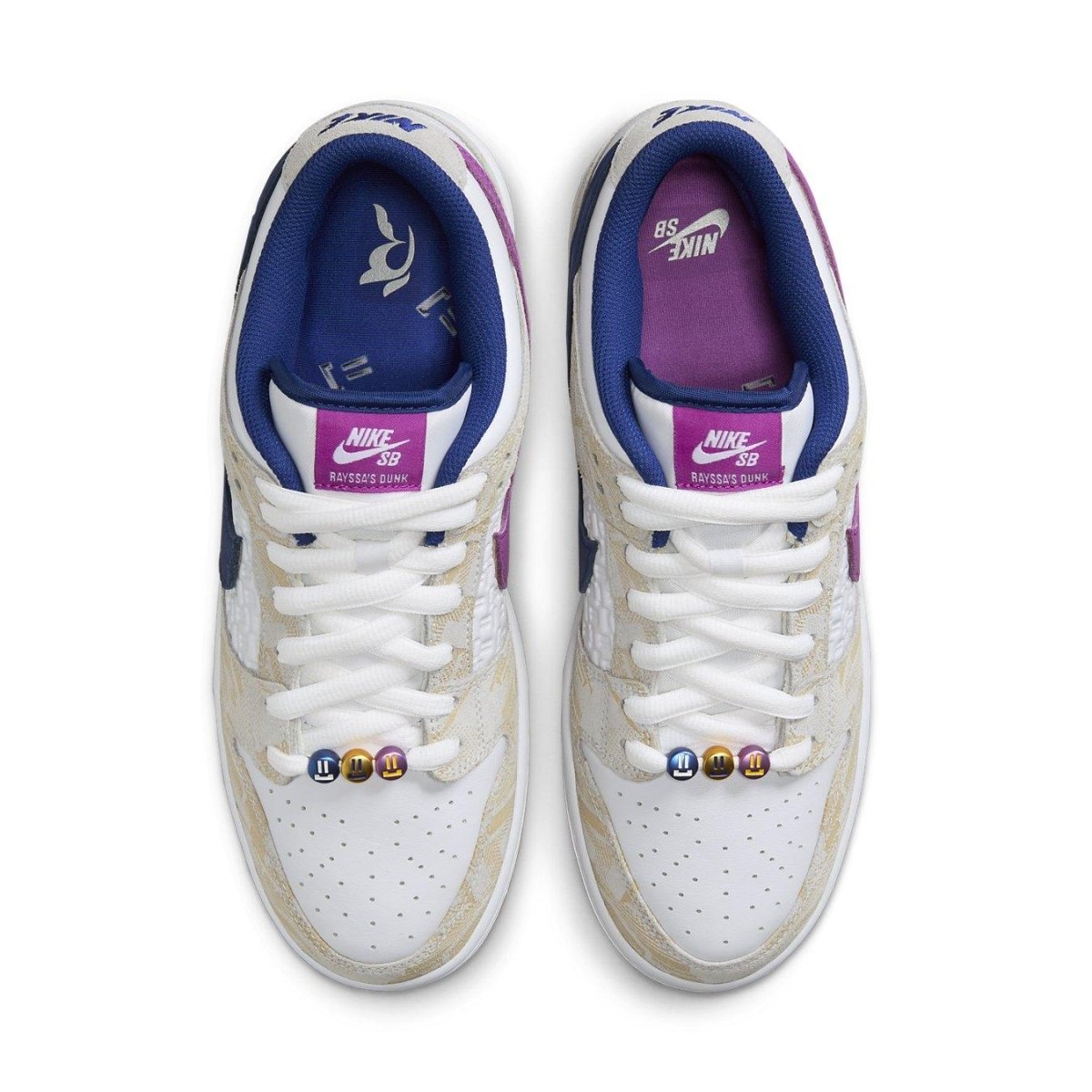 Nike SB Dunk Low Rayssa Leal in white leather with blue and pink details and unique lacing.