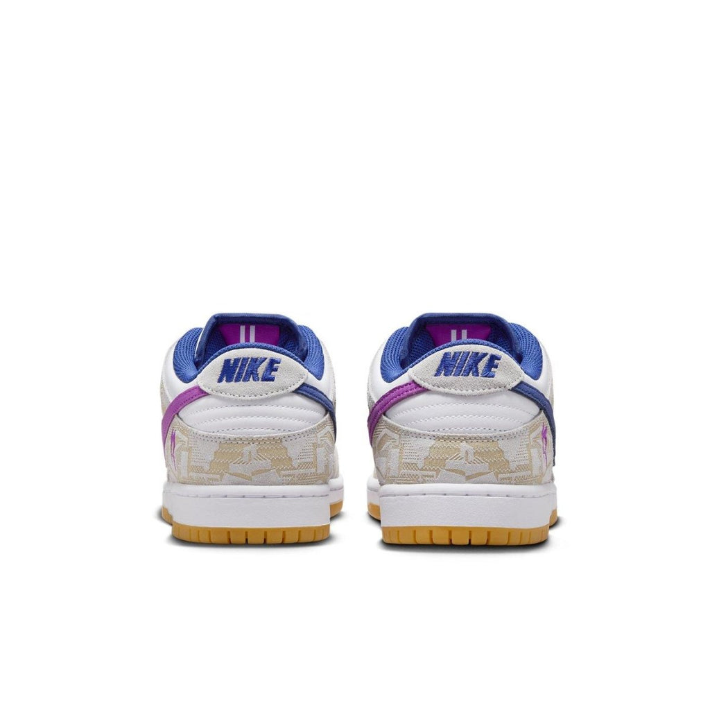 Nike SB Dunk Low Rayssa Leal shoes, featuring unique blue and fuchsia design with white leather and gum sole.