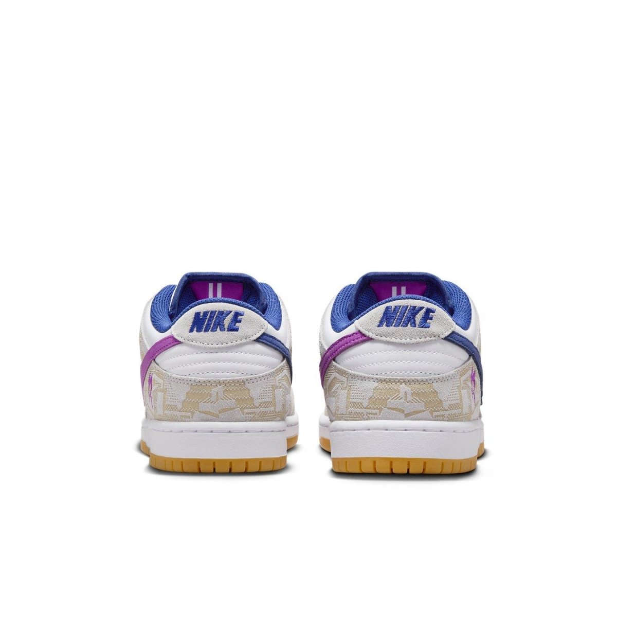 Nike SB Dunk Low Rayssa Leal shoes, featuring unique blue and fuchsia design with white leather and gum sole.