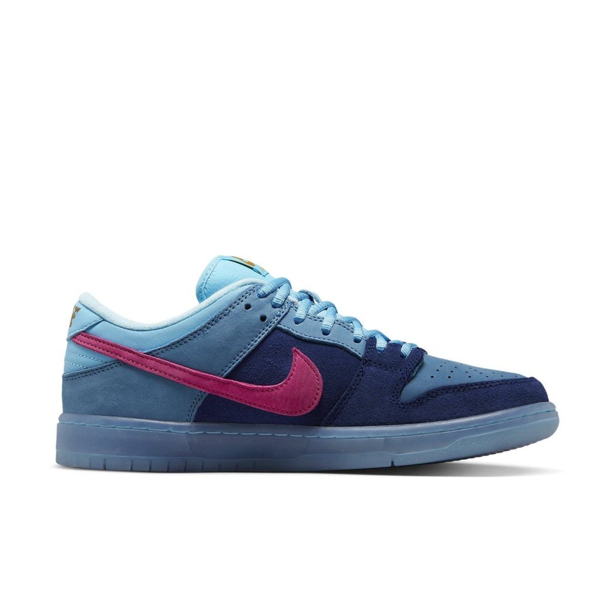 Nike SB Dunk Low Run The Jewels featuring blue suede upper and shocking pink Swoosh, inspired by hip-hop duo.