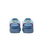 Nike SB Dunk Low Run The Jewels sneaker heel view featuring blue suede upper and metallic gold Nike branding.