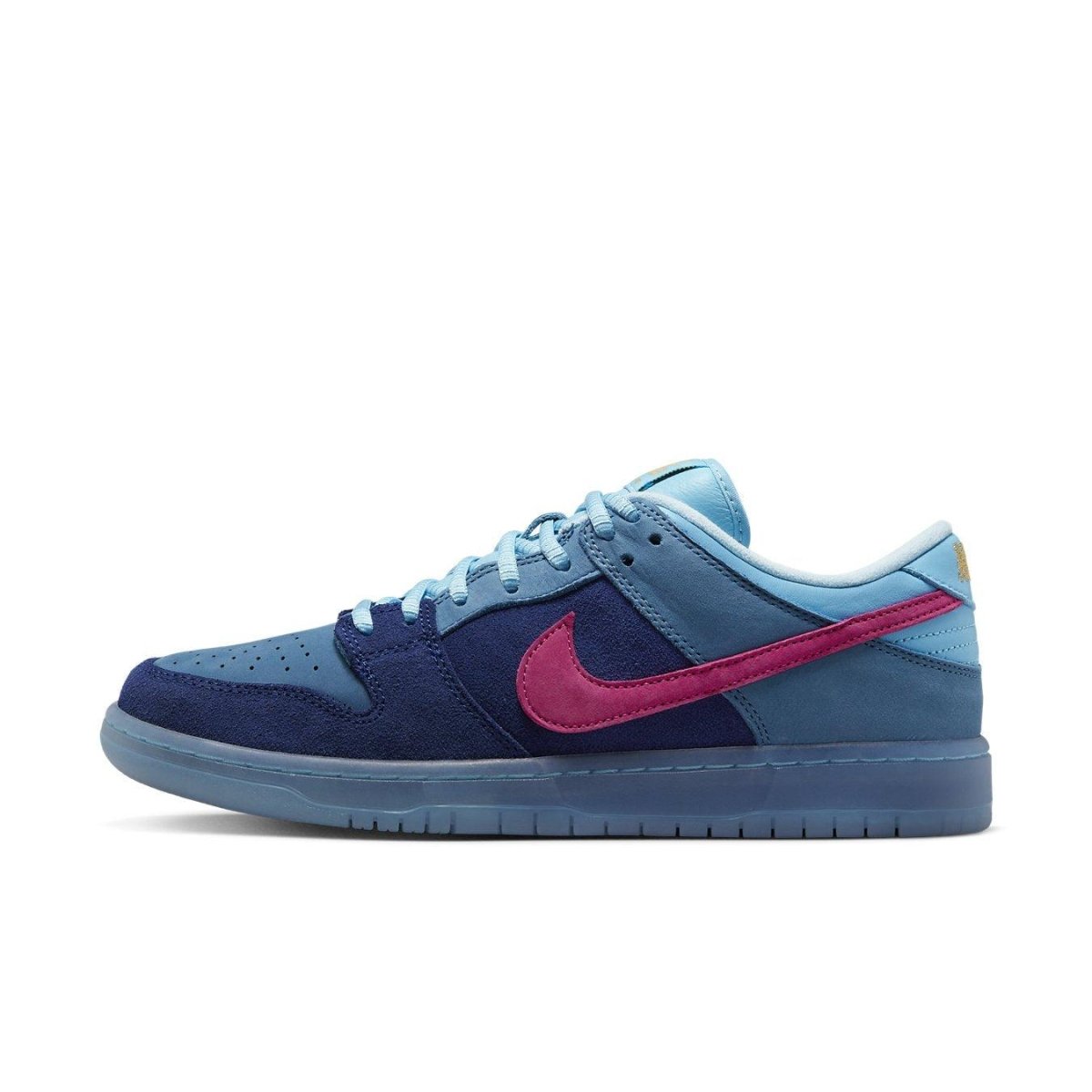Nike SB Dunk Low Run The Jewels featuring blue suede upper and striking pink Swoosh.