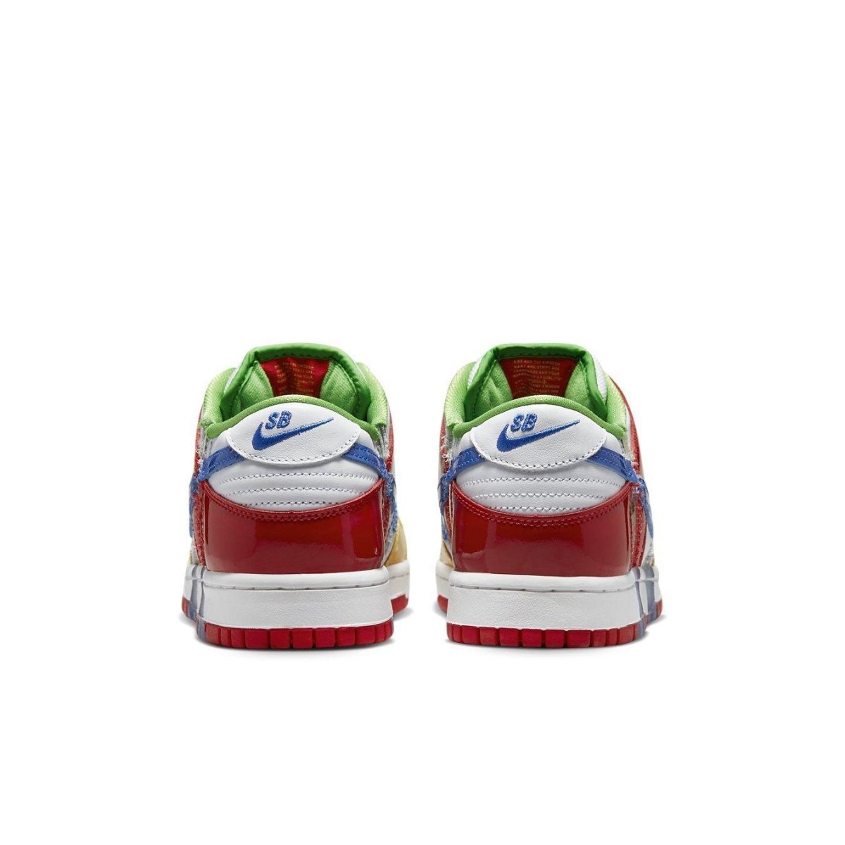 Rear view of the Nike SB Dunk Low Sandy Bodecker sneaker with colorful design and shiny patent leather finish.