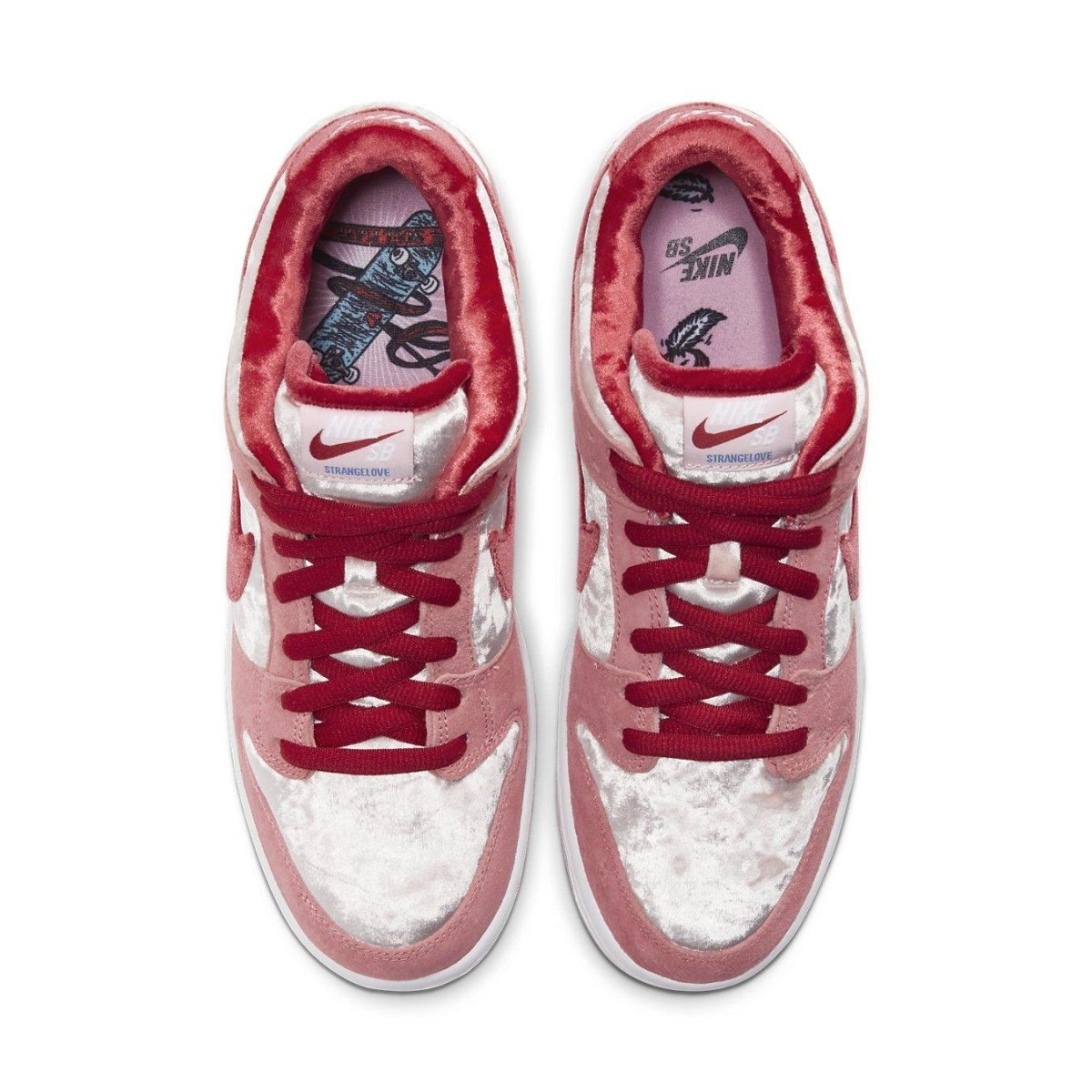 Nike SB Dunk Low StrangeLove Skateboards with textured velvet and suede overlays, top view.