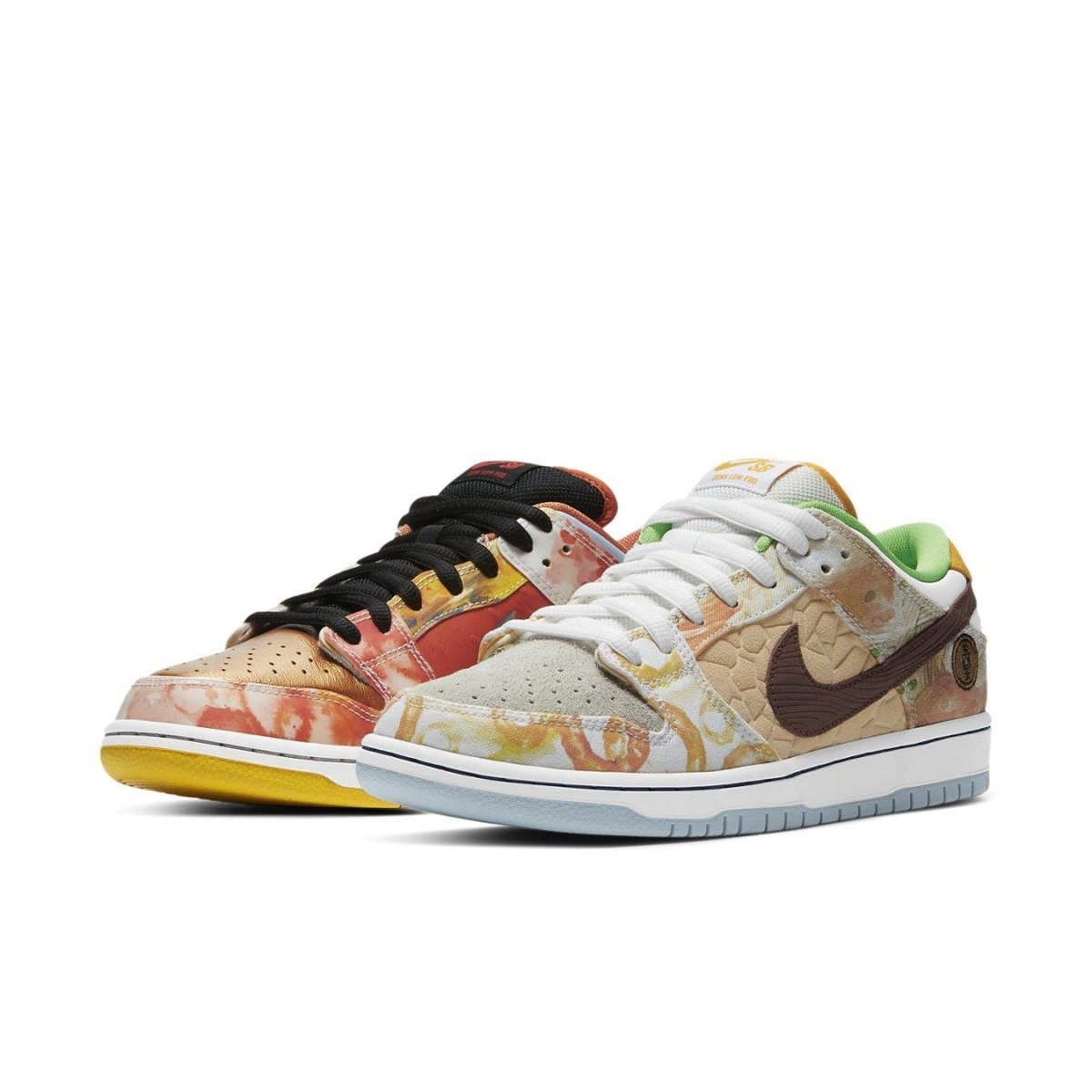 Nike SB Dunk Low Street Hawker sneakers featuring vibrant watercolor food designs.