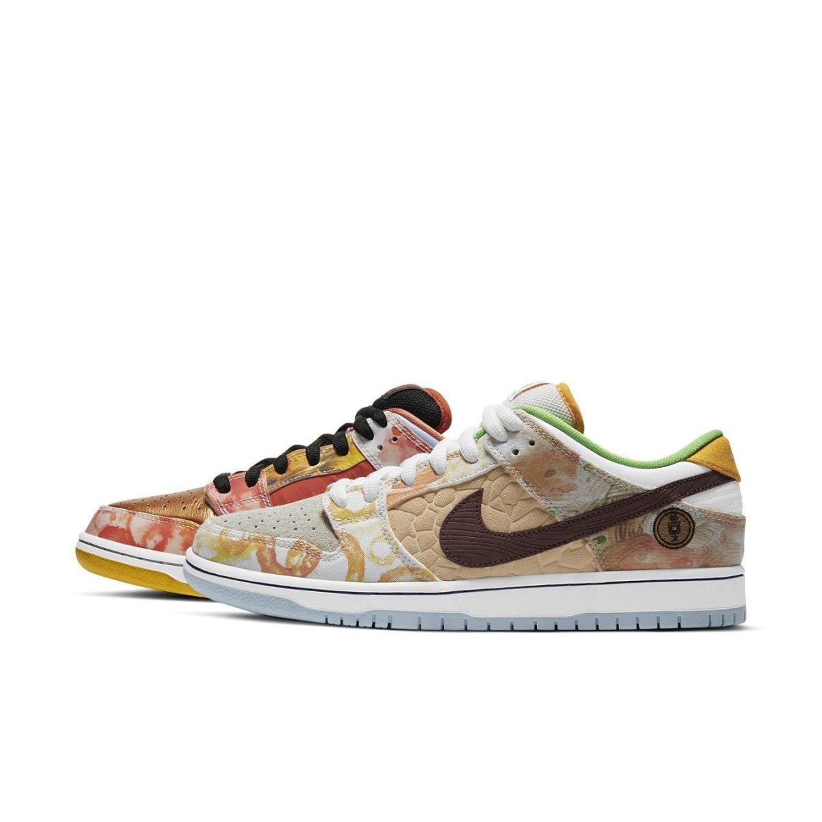 Nike SB Dunk Low Street Hawker (2021) with food-inspired watercolor design and contrasting colors.