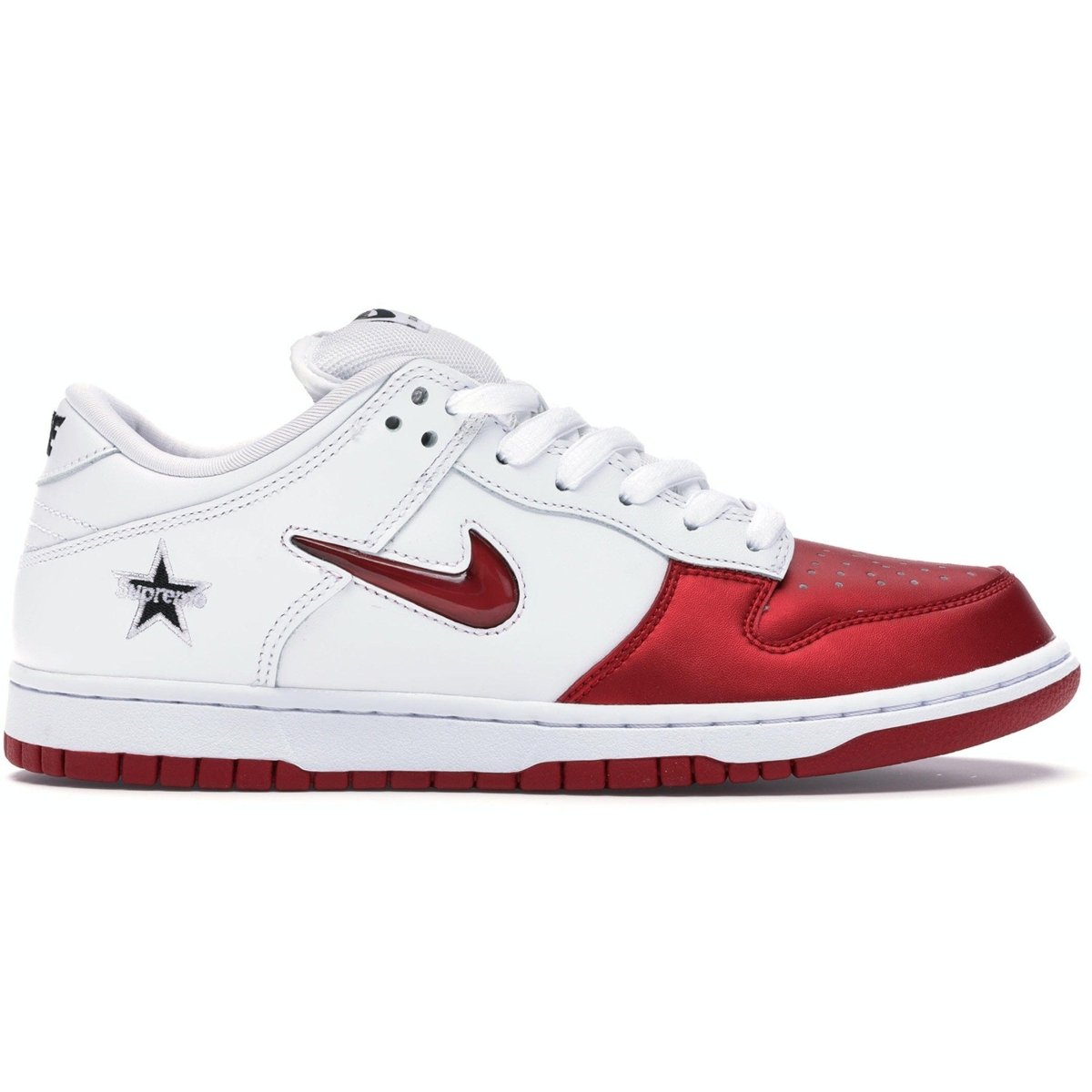 Nike SB Dunk Low Supreme Jewel Swoosh in red and white, blending basketball style with skate culture.