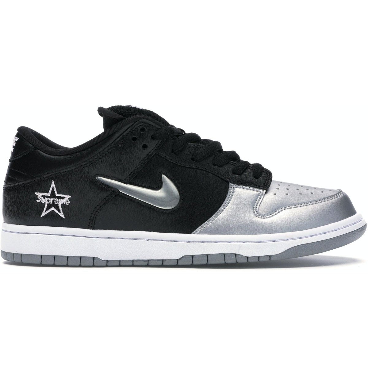 Nike SB Dunk Low Supreme Jewel Swoosh Silver sneakers with black and silver colorway.