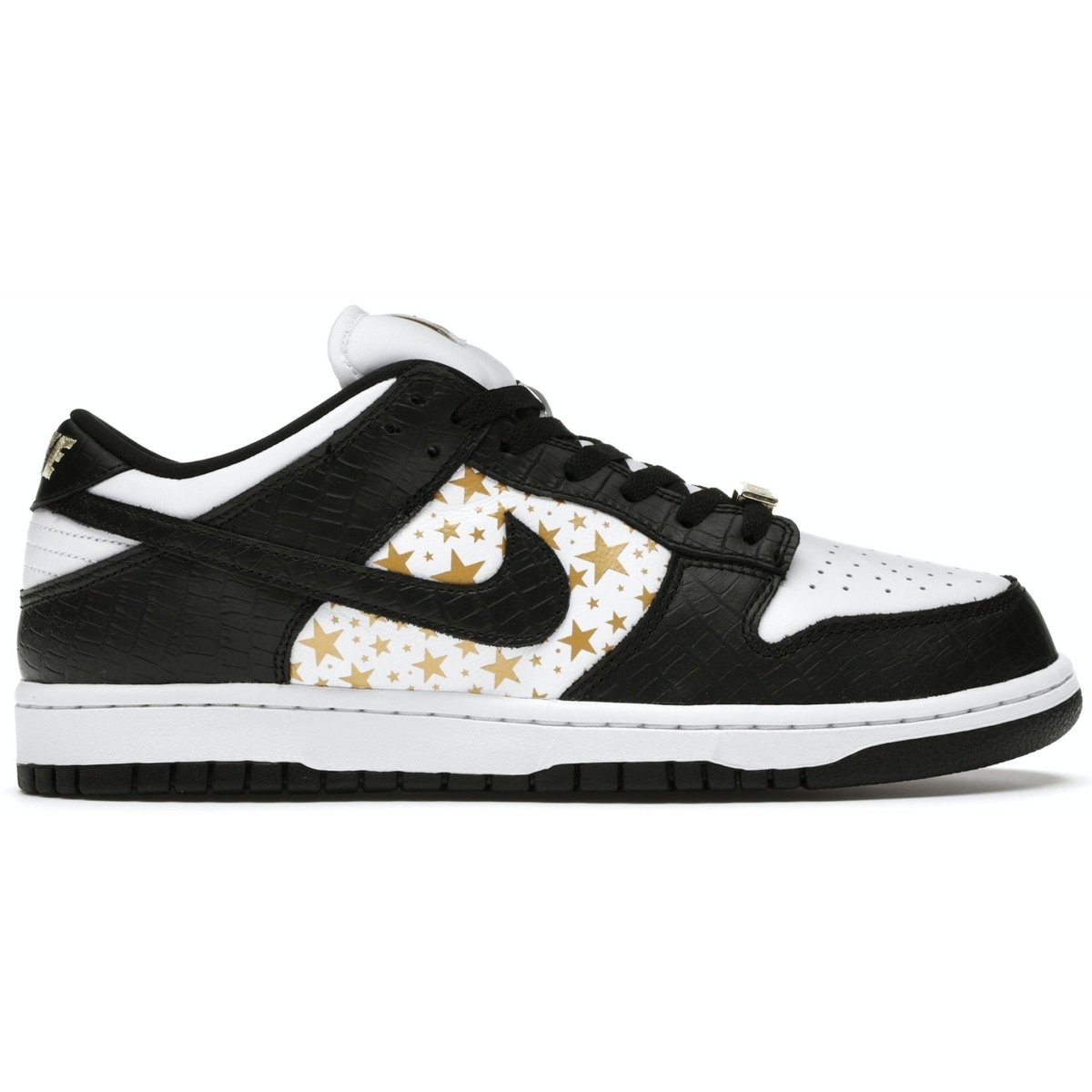 Nike SB Dunk Low Supreme Stars Black (2021) sneaker featuring white leather and Barkroot Brown croc leather.