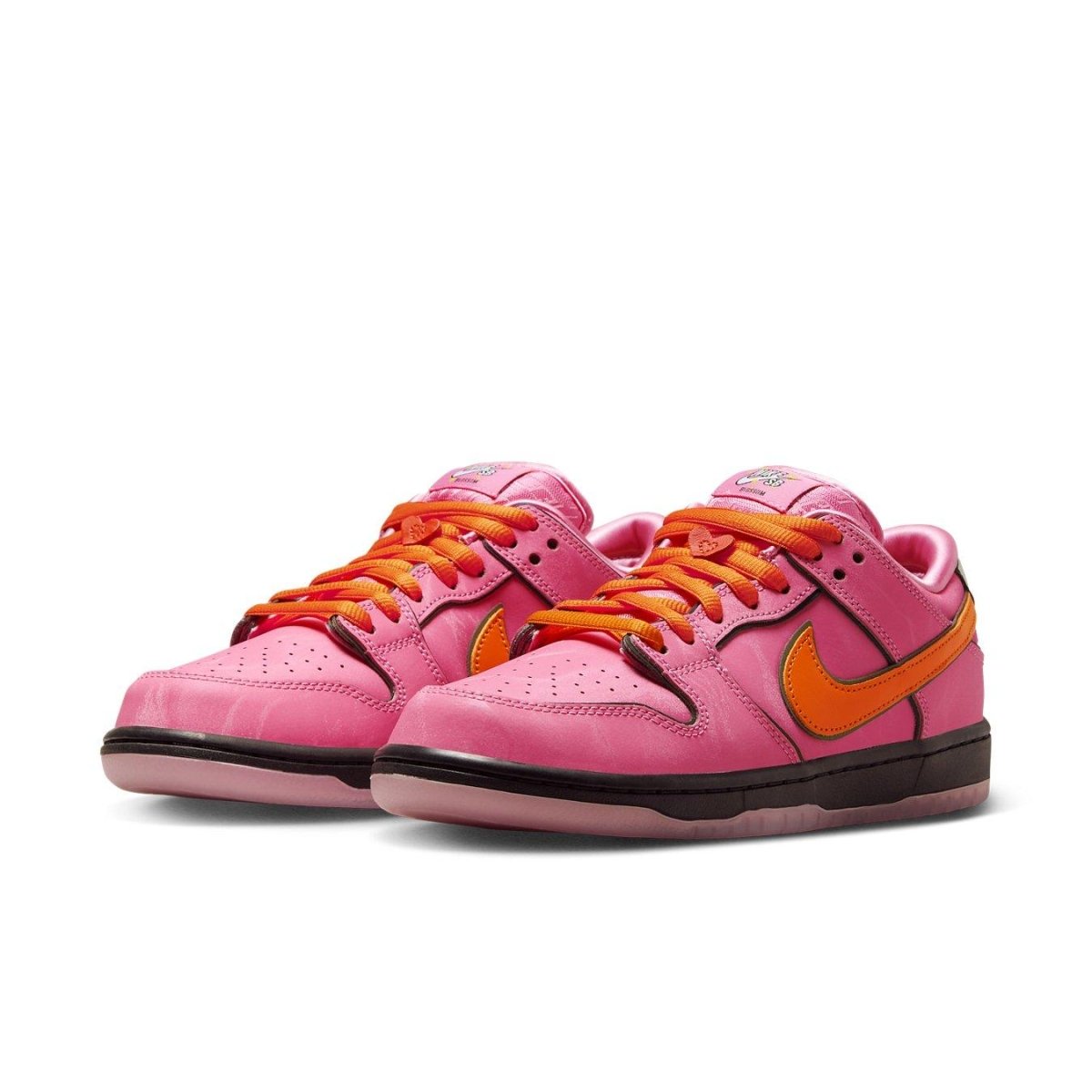 Nike SB Dunk Low The Powerpuff Girls Blossom in pink with orange Swoosh and plush black accents.