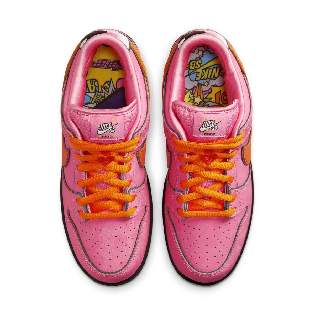 Nike SB Dunk Low The Powerpuff Girls Blossom shoes, pink nubuck upper, orange Swoosh, and padded satin collar.