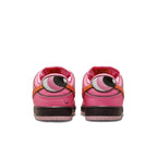 Rear view of Nike SB Dunk Low Powerpuff Girls Blossom sneakers with pink nubuck and cartoon eye details.
