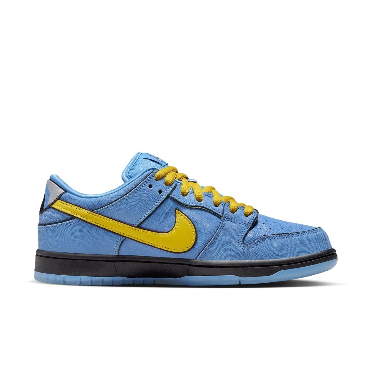Nike SB Dunk Low 'Bubbles' from Powerpuff Girls, featuring blue leather upper and yellow accents.