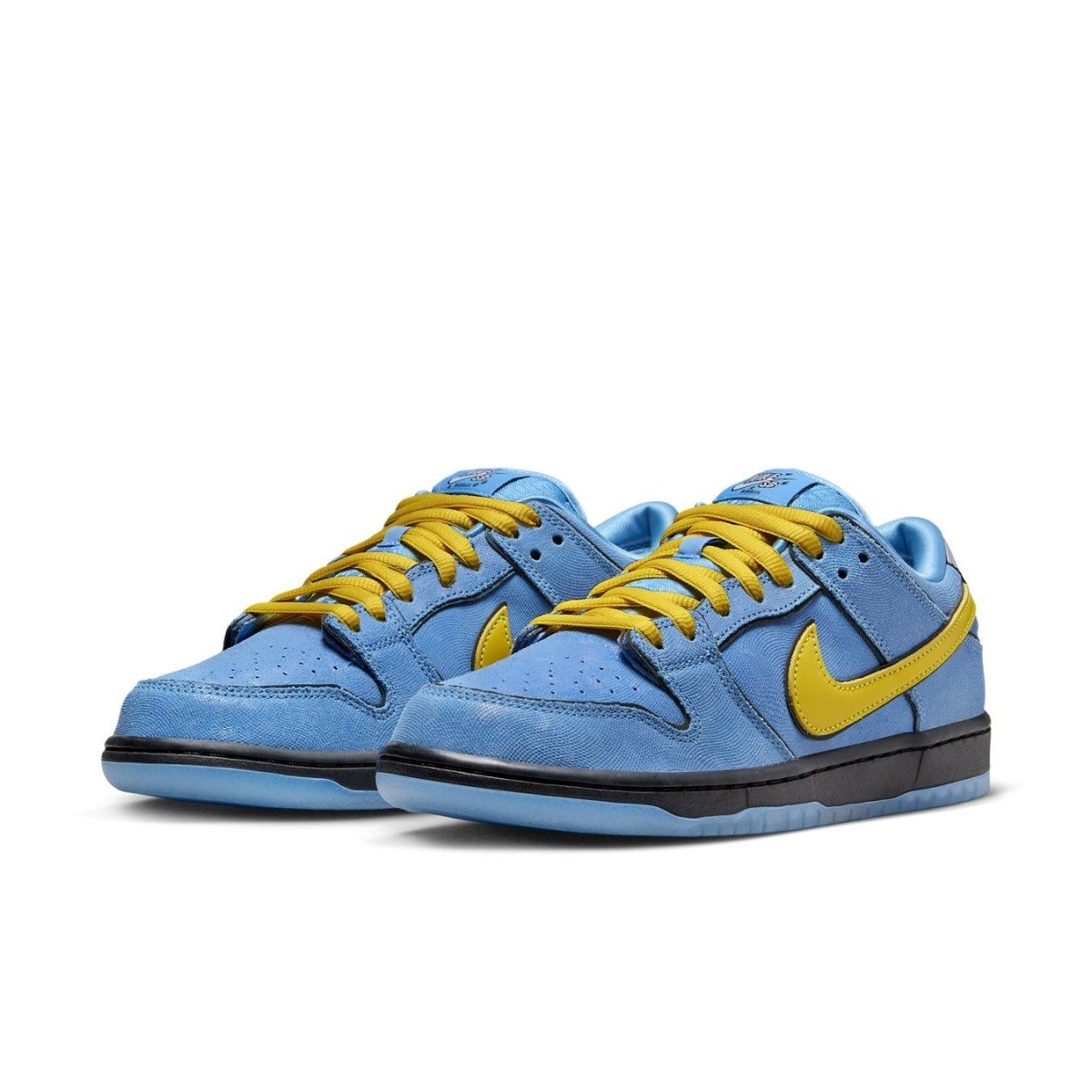 Nike SB Dunk Low Bubbles in blue leather with yellow Swoosh, inspired by Powerpuff Girls.