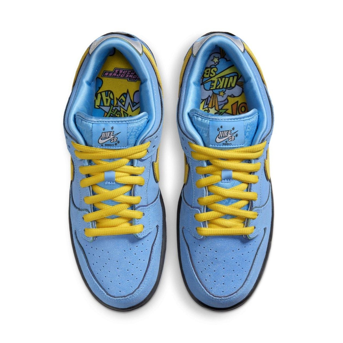 Nike SB Dunk Low The Powerpuff Girls Bubbles sneakers in blue and yellow with unique design and stylish details.