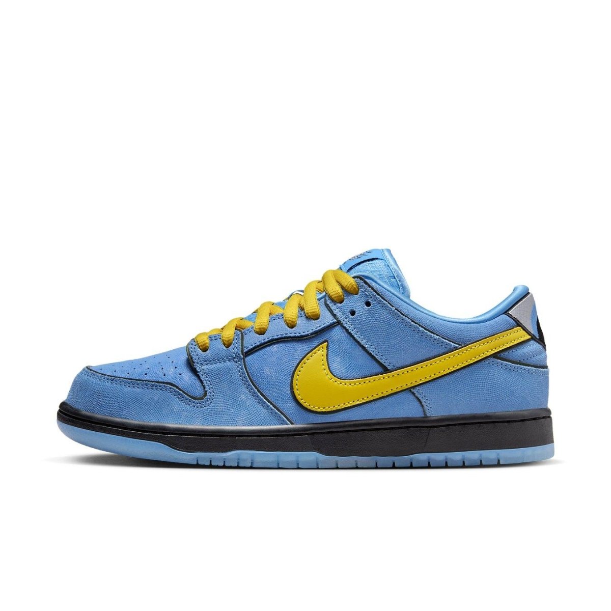 Nike SB Dunk Low 'Bubbles' featuring blue leather upper and vibrant yellow Swoosh, inspired by Powerpuff Girls.