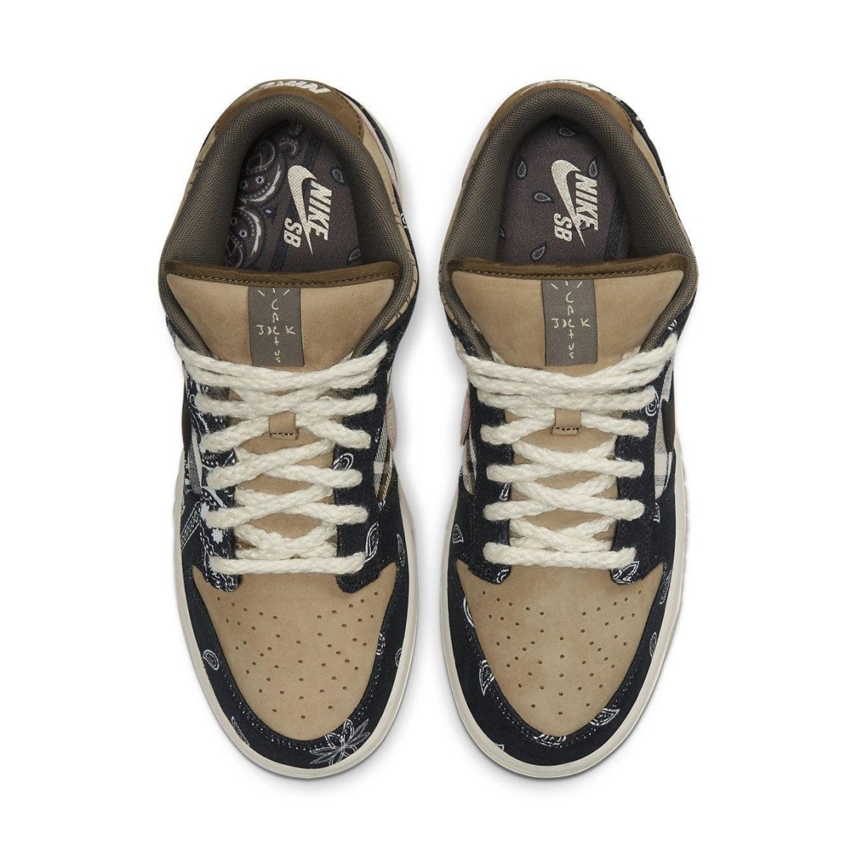Nike SB Dunk Low Travis Scott with patchwork design, brown leather, paisley overlays, and contrasting laces.