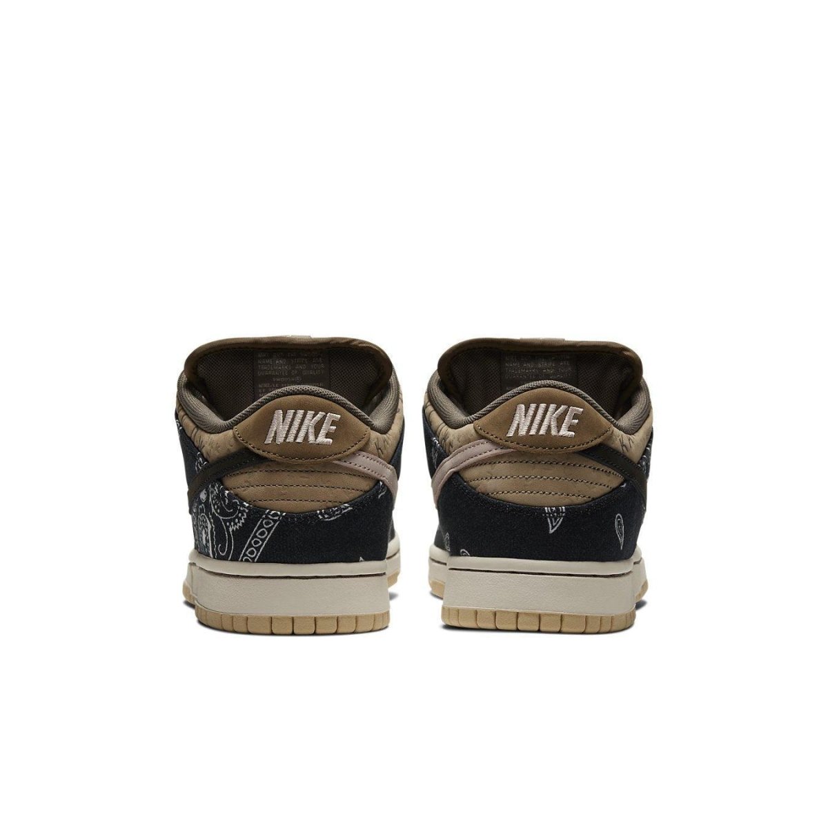 Nike SB Dunk Low Travis Scott sneakers featuring unique paisley and patchwork design in dark tones.