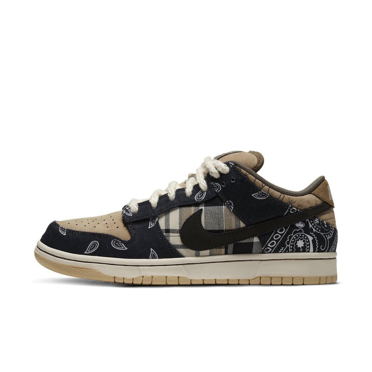 Nike SB Dunk Low Travis Scott features patchwork theme, paisley overlays, and unique Cactus Jack design.