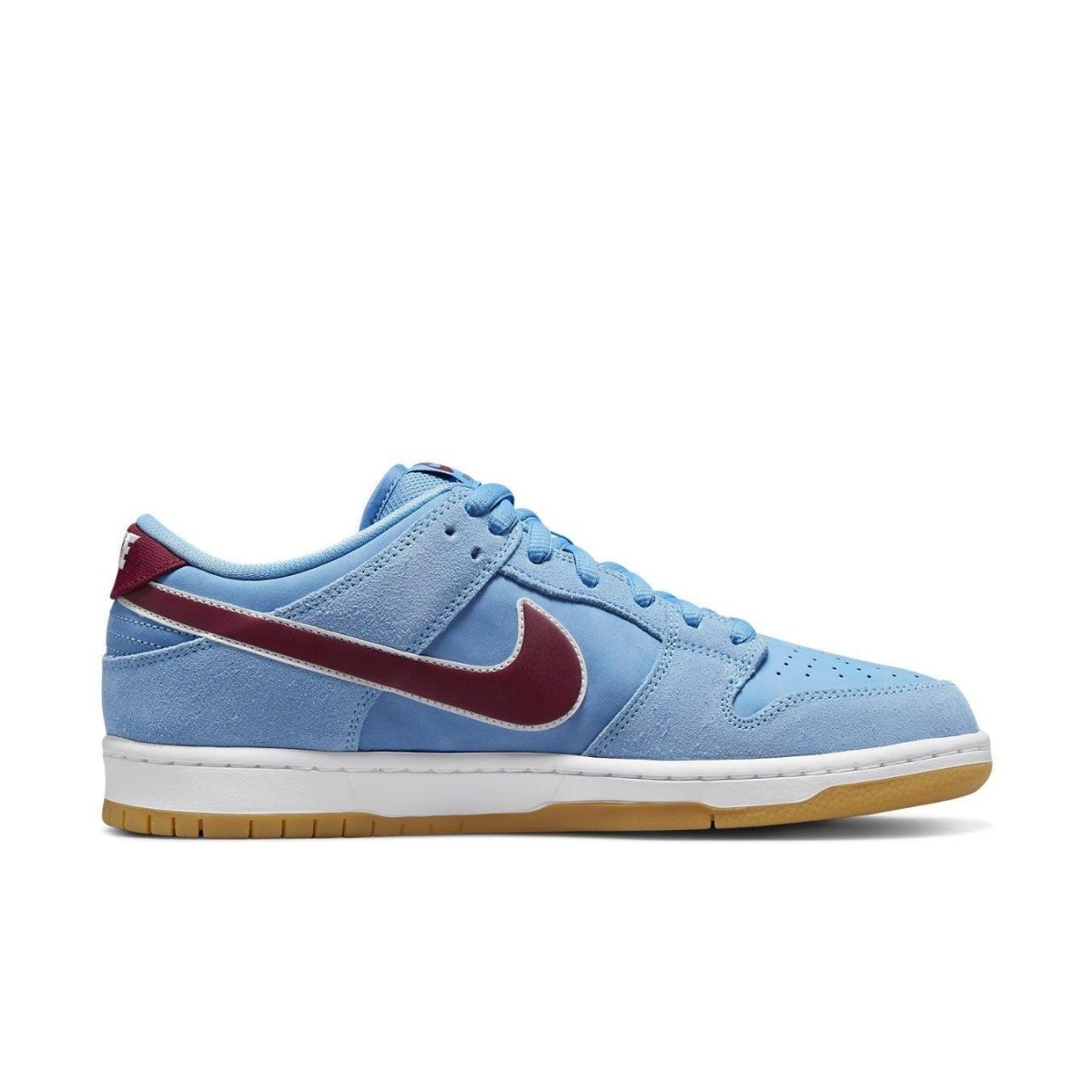 Nike SB Dunk Low Valor Blue Team Maroon sneakers with blue suede upper and maroon Swoosh, perfect for baseball-inspired style.