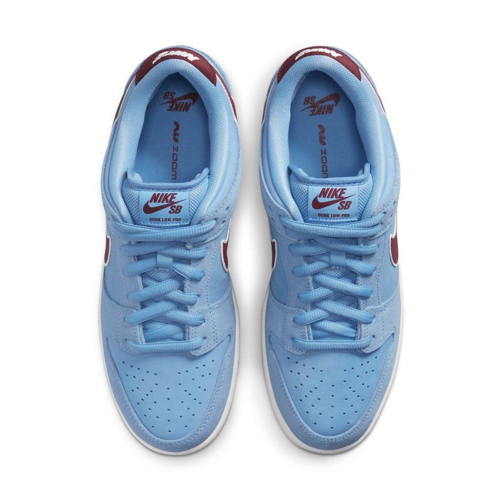 Nike SB Dunk Low Valor Blue Team Maroon top view, showcasing vibrant blue suede and Team Maroon accents.