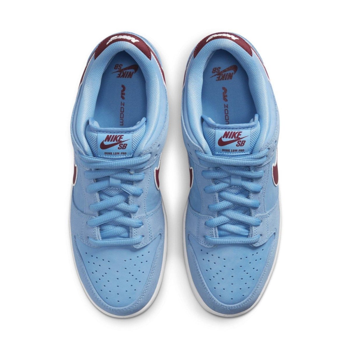Nike SB Dunk Low Valor Blue Team Maroon top view, showcasing vibrant blue suede and Team Maroon accents.